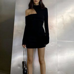 Mock Neck Oblique Cutout Rib Long Sleeve Short Dress
